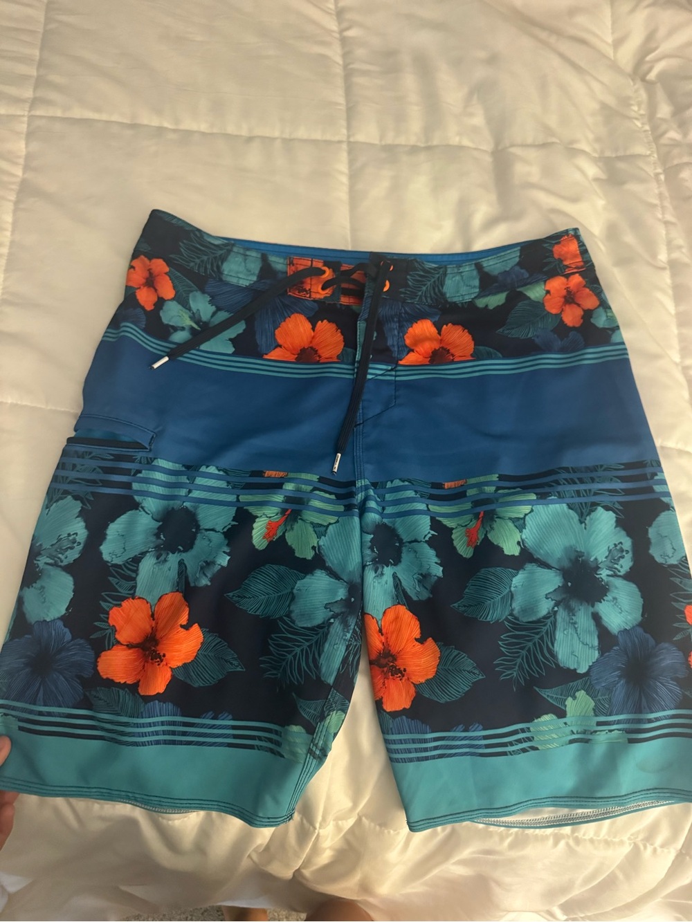Men's Hawaiian Floral Board Shorts in Blue and Orange